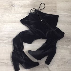 black velvet thigh high boots